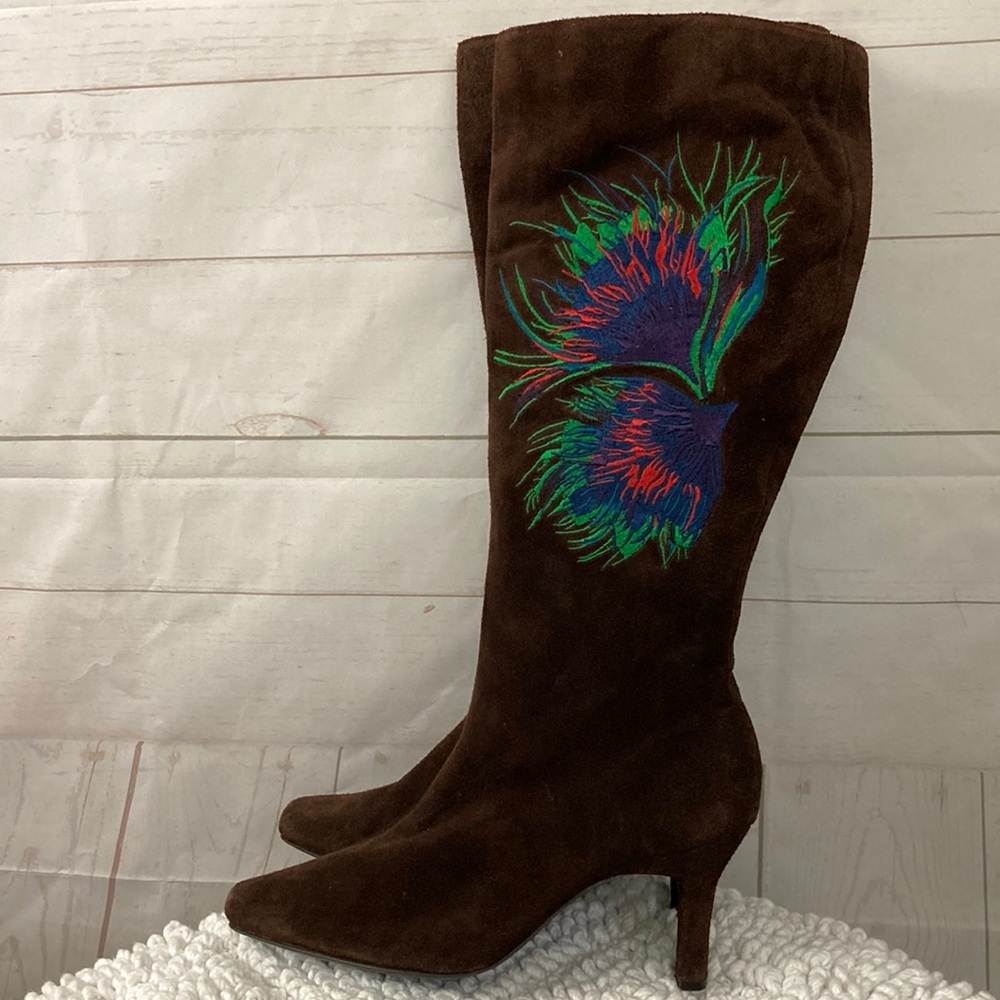 Diane Von Furstenberg Brown Suede Knee-High Boots with Multicolor Embroidery